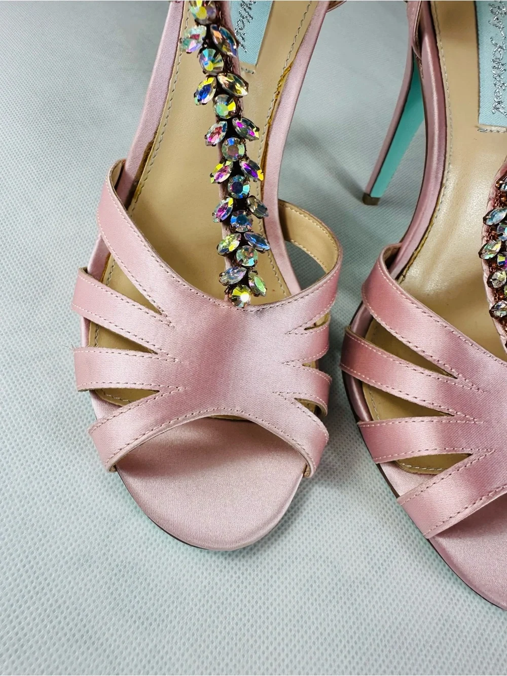 Betsey Johnson Rose Pink Satin Open-Toe Heels with Jeweled Ankle Detail